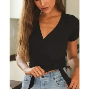 Lulus Try Me Out Heather Black Ribbed Short Sleeve Wrap Crop Top Women's Small